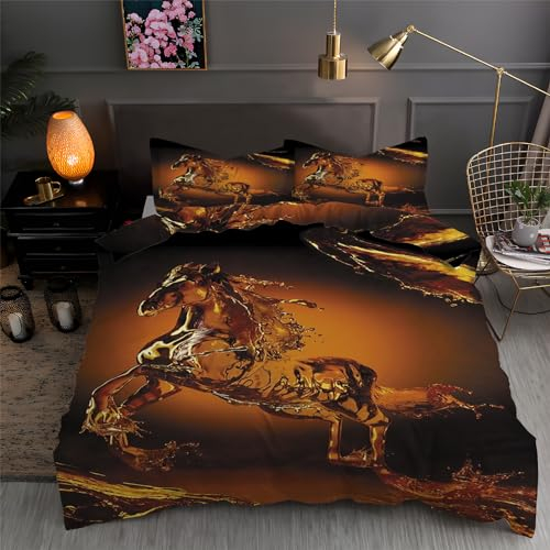 Bettwäsche Set Bettbezug 140x200 Weich Bequem Atmungsaktiv Hypoallergen Mikrofaser Bettbezüge und 2 Kissenbezug, für Teenager-Schlafzimmer-Dekor（Galoppierendes Pferd