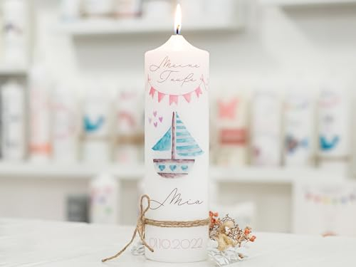 meinkerzenshop Taufkerze mit Designdruck Boot rosa personalisiert mit Name und Datum, individuell für Junge und Mädchen