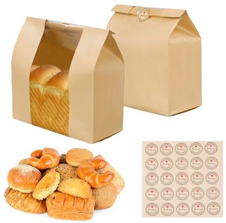 25 Packs Paper Bread Bags For Homemade Bread, Sourdough Bread Kraft Paper Bags, Brown Bakery Bags with Window for Home Baking Packaging Storage (25)