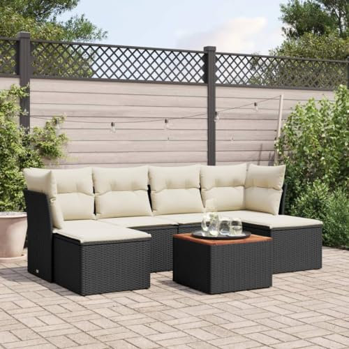 Rantry 7-TLG. Garten Sofagarnitur mit Kissen Gartensofa mit Stauraum Gartenlounge Balkonmöbel Gartenmöbel Loungesofa Rattansofa mit Gartentisch Ecksofa Sitzgruppe Gartenset Schwarz Poly Rattan