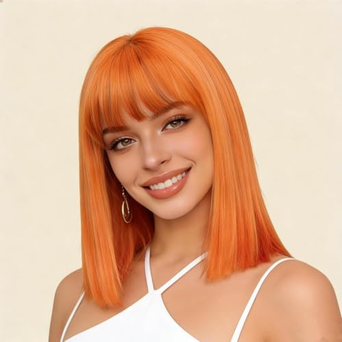 PORSMEER Orange Perücken mit Pony für Frauen, Synthetische Bob gerade Perücken Schulter Länge farbige Perücken für Halloween Kostüm Party & Cosplay wig 35cm