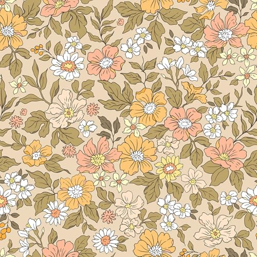VEELIKE Tapete Blumen Beige Pfirsich Blumentapete Vintage Fototapete Schlafzimmer Romantik Wand Dekoration Badezimmer Mustertapete Tapete Mädchenzimmer Kinderzimmer Tapete Mädchen 44.5 cm × 300 cm
