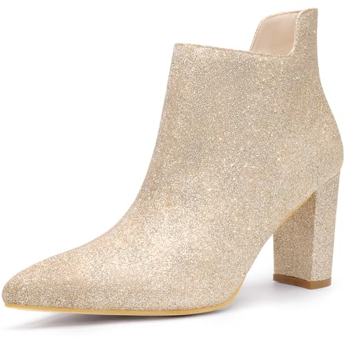 Allegra K Women Glitter Pointed Toe Block Heel Ankle Booties