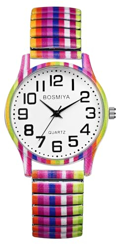 JewelryWe Elastic Watches for Women: Easy Read Analog Quartz Stretch Band Watch Colorful Printing Expansion Band Wristwatch