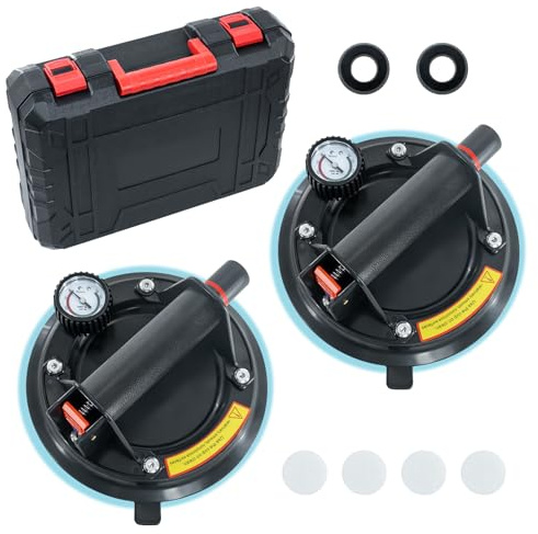 JUYLTOOL 2x 8Glass Suckers Lifters with Pressure Gauge for Glass/Tile | Glass Suction Cups with Carrying Case,Pressure Gauge,Powerful Suction Max Load 220KG,Simple Operation,Suckers for Glass
