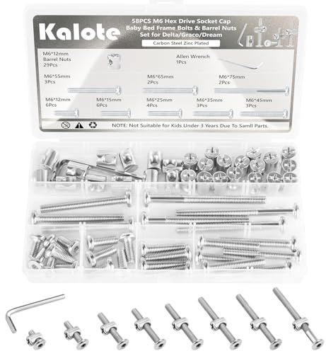 Kalote 58Pcs Crib Screws Hardware Kit M6 Baby Bed Frame Bolts Nuts Set
