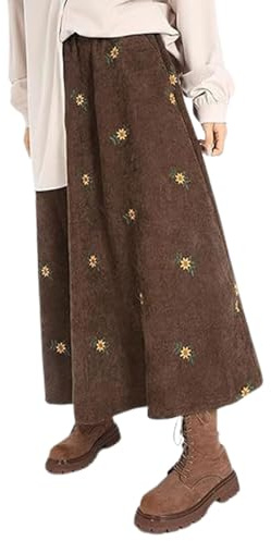 EEJBYTDI Gonne Lunghe da Donna in Velluto a Coste con Ricami Floreali, Gonna Midi Lunga in Velluto a Coste con Tasche, con Tasche gonne Invernali