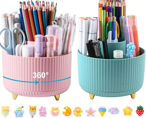 Lostwry 2 Pièces Support Rotatif à 360° pour bureau, Pot a Crayon Organisateur de Bureau avec 5 Compartiments Rangement Stylo pour L'école, la Maison, les Fournitures de Bureau (Bleu + Rose)