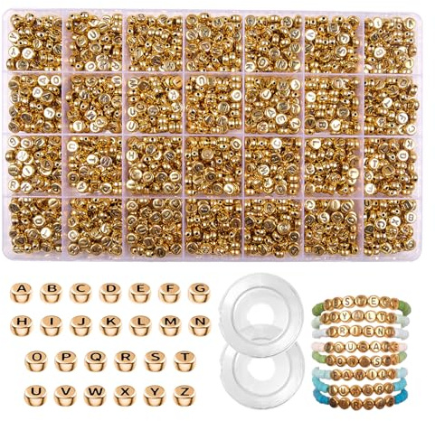 JHWELRG 1450 Stück Buchstaben Perlen für Armbänder DIY Schmuckherstellung Set,Golden Metall Basteln Alphabet Buchstabenperlen Bastelset für Armband Halskette Haarband,Freundschaftsarmbänder