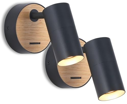 WoodBee Light 2er Set verstellbare schwarze Aluminium-Wandlampen mit Holz GU10 Wandspot Leselampen mit Schalter Innen ohne Leuchtmittel