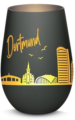 Gravur-Max Windlicht mit 360° Gravur Skyline Dortmund Deko Glaslicht als tolles Geschenk mit Einer hochwertigen Lasergravur zu jedem Anlass in der Farbe Schwarz/Silber