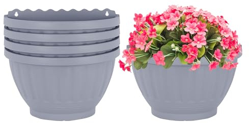 Eason Bros – 5 Pack 30cm Wall Hanging Planters – Grey Plastic Etruscan-Style Railing Plant Pots for Balcony, Fence & Garden – Durable Outdoor/Indoor Hanging Flower Baskets for Home Décor