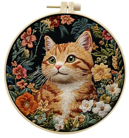 IUHUI Stickerei Set für Fortgeschrittene Erwachsene - Süße Katze Land Patterns DIY Handstickerei Stickerei Set mit Hoop (Nahrungssuche Katze Blumen)