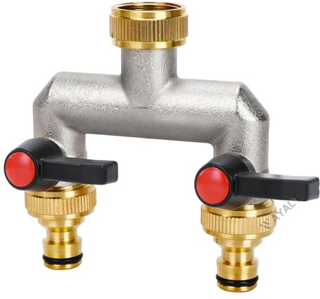 VAYALT 2-vägs vattenkran vattenfördelare, fördelare vatten 9,5 cm mässing vattenanslutning fördela, trädgårdsslangar med 3/4 tums adapter (långhandtag)