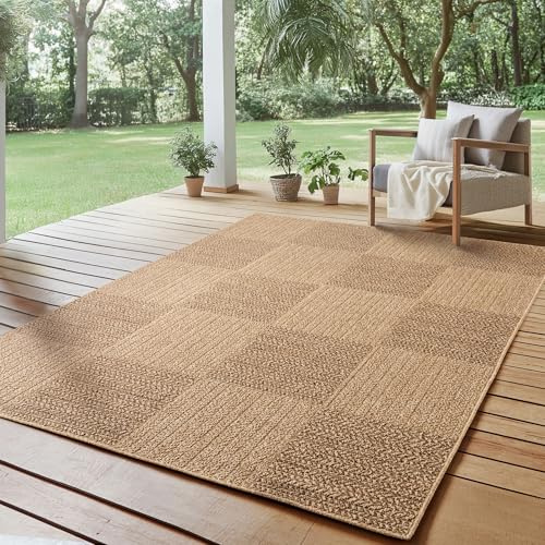 SIMPEX Outdoor Teppich 200x290 cm Wetterfest Pflegeleicht Jute Natur Optik Karo Design für Wohnzimmer Esszimmer Schlafzimmer Terrasse Balkon Garten