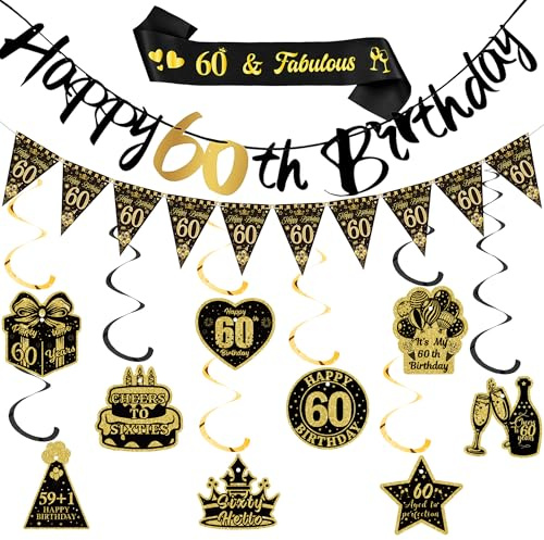 Xietaea 60 Geburtstag Deko Mann Frau - 60. Geburtstagsdeko Happy Birthday Girlande Hängende Wirbel, Schwarz Goldene Schärpe und Wimpel für 60 Jahre Geburtstagsparty Dekoration