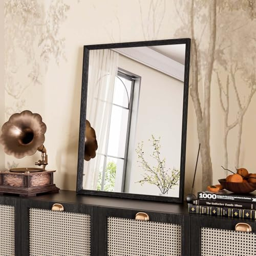 WEER Specchio da Bagno Nero, 40x50 cm Cornice Polimero Specchio da Parete Rettangolare con Effetto Legno, Impermeabile Specchi Decorativo per Bagno Camera Letto Soggiorno, Orizzontale o Verticale