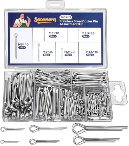 Seconero 380 PCS Cotter Pins Assorted, 304 Stainless Steel Split Pins | 6 Sizes (M1.5, M2, M2.5, M3, M4, M5), Cotter Pin Assortment Kit for Automotive, Mechanics, Marine Repair, Workshop Repair