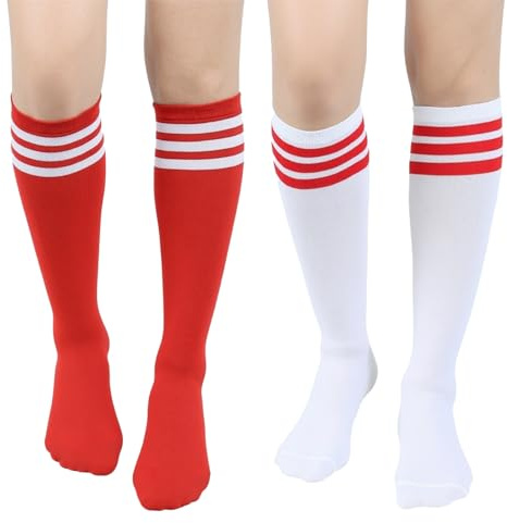 ASFWAGQ Klassiska damstrumpor, cheerleader kostym, knästrumpor, slangstrumpor, sportstrumpor med tre ränder, Vit + röd, one size