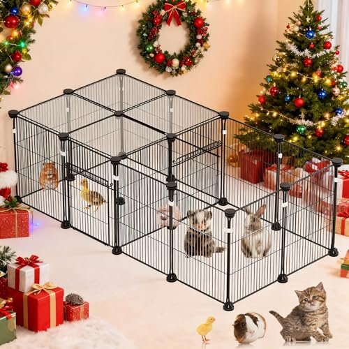 18 Panels Small Animal Playpen, Small Animal Cage with 2 Doors, Metal Wire Yard Fence for Rabbits, Guinea Pigs, Hamsters, Chicken, Hedgehogs, Indoor Outdoor Pet Cage C&C Cage Black