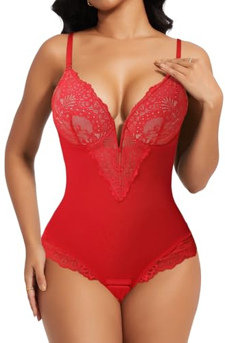 SHAPERIN Body Sculptant Femme Gainant Amincissante Ventre Plat Body String Dentelle Shapewear Bodysuit Tops, Rouge, XL
