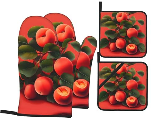 4 pezzi Set Di Presine Da Cucina Red Apricot Printed Guanti Da Cucina Divertenti Guanti Da Barbecue Per Cucinare, Cottura Al Forno, Grigliare