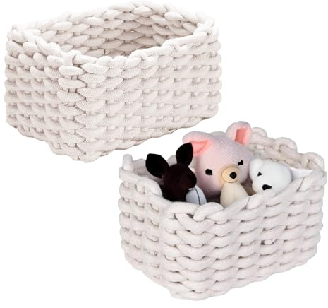 Aufbewahrungskorb Geflochten, 2 Stück Häkelkorb, 19 x 15 x 12 cm | Aufbewahrungskorb Kinder, Waschbar Faltbar Klein Organizer Korb, Weiß Körbe Geflochten für Babyzimmer Wohnzimmer Schlafzimmer