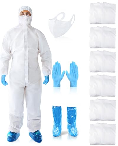 Shyyween 6 Sets Hazmat Suit Disposable Protective Paint Coverall Suit with Hood Shoe Covers Nitrile Glove Mask Wrists Ankles(L)