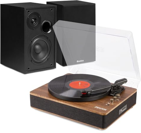 Fenton RP162 Vinyl Record Player with Bluetooth Transmitter & 80W Wireless Bookshelf Speaker System, Complete HiFi Turntable Bundle