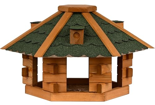 dobar® Vogelhaus Blockhaus 6-eckig mit Bitumendach - Vogelfutterhaus aus Holz wetterfest lasiert - Futterstation für Wildvögel stehend für Ständer - Grün