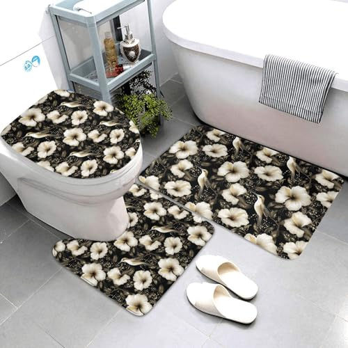 Set di 3 tappeti da bagno con stampa di giglio nero e oro, con stampa di colibrì, assorbente, antiscivolo, lavabile, a forma di U, tappetino per il contorno del WC, tappetino da doccia morbido per
