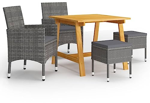 JHQHSM 5 pezzi Gruppo da giardino grigio in legno di acacia con seduta in rattan di polietilene, 1 tavolo e 4 sedie per terrazze, mobili da esterno resistenti alle intemperie con cuscini imbottiti