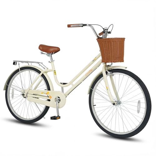 Goplus Beach Cruiser Bike for Women, 24/26 Inch Commuter Bicycle w/Basket, Rear Rack, Bell, Low Step Through Frame, Adjustable Seat, City Bike for Teens, Adults, Ladies, Female (Beige,26 Inch)
