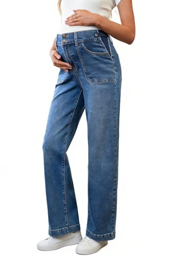 BLENCOT Women's Wide Leg Jeans Maternity High Waisted Straight Leg Stretchy Pregnancy Denim Pants with Pockets Light Blue M