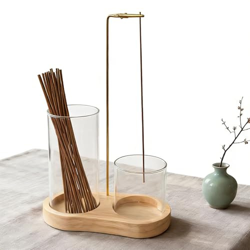 Porta incenso in vetro con contenitore, porta incenso 2 in 1 in legno con portacenere in vetro e scomparto per bastoncini, porta incenso da appendere invertito per yoga e meditazione zen (#B)