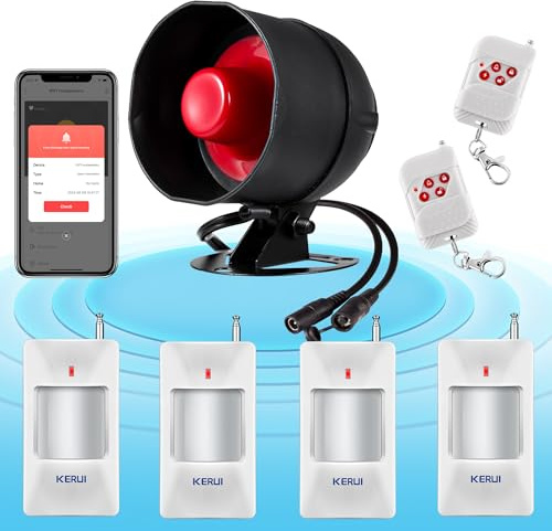 WiFi Alarmanlage, 120 dB Funkalarmsystem für die Haussicherheit mit kostenloser 4*Bewegungsmelder-Sirene und Fernbedienung für Schuppen und Garage