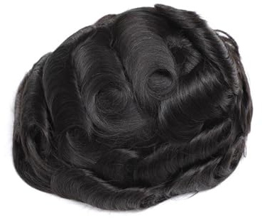 Extensiones de cabello Prótesis de cabello masculino, sistema humano, peluquín for hombres, parte superior encaje, piel PU inyectada sin nudos accesorios(1B - Off Black,7x10)