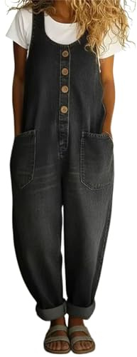 Generisch Damen-Latzhose im Vintage-Stil (Denim-Optik) – Regular Fit, Baggy-Schnitt, Jumpsuit mit Latz, lässige Haremshose mit Knopfleiste und Taschen
