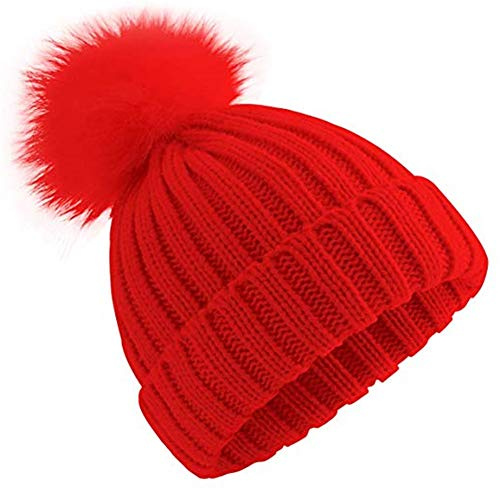 feifanshop Damen Echtfell Fuchspelz Fell Pelz Bommel Strick Mütze Winter-Mütze Bommelmütze