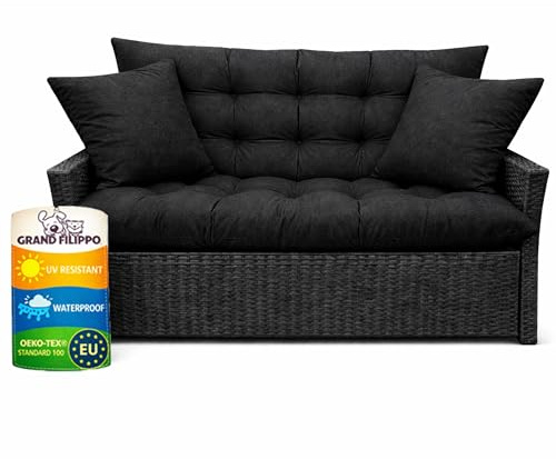 Filippo Sitzauflagen Gartenmöbel 120 x 50 x 60 cm Schwarz - Kissen Hollywoodschaukel mit Zwei Gartenkissen 45x45 cm - Beständig Gegen Schimmel – Handgefertigt Polster mit Befestigungsschnüre