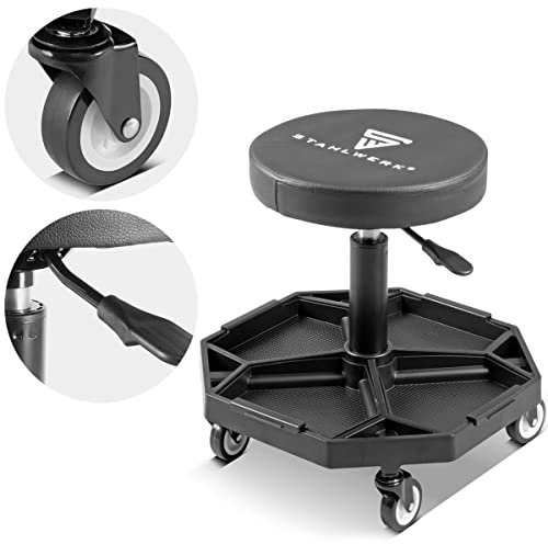 STAHLWERK Höhenverstellbarer Werkstatthocker WRH-136 ST bis 136 kg belastbar, 40-54 cm Sitzhöhe, mit vier herausnehmbaren Ablagefächern, Rollsitz/Rollhocker mit kugelgelagerten Leichtlauf-Lenkrollen