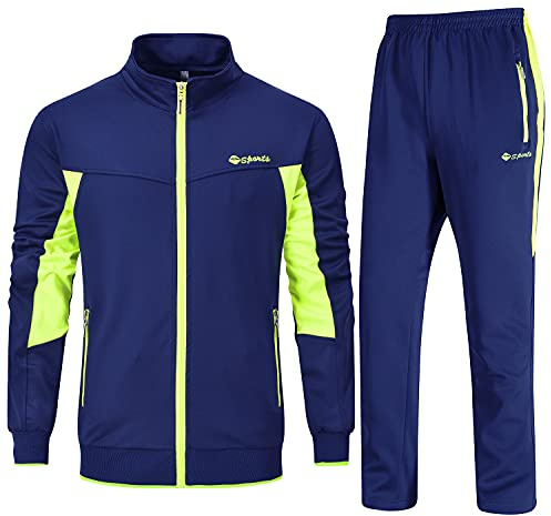 Rdruko Set di tute da uomo a contrasto con cerniera intera giacca sportiva casual joggers coulisse vita elasticizzata 2 pezzi con tasche con cerniera, Verde fluorescente e blu reale, XXL