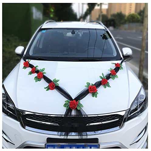 Egurs Autogirlande Hochzeit Auto-schmuck Braut Paar Rose Deko Organza Autoschmuck Autodeko Hochzeit Car Auto Wedding Deko Girlande Autoschleife Schwarz: schwarzes Garn+rote Blume