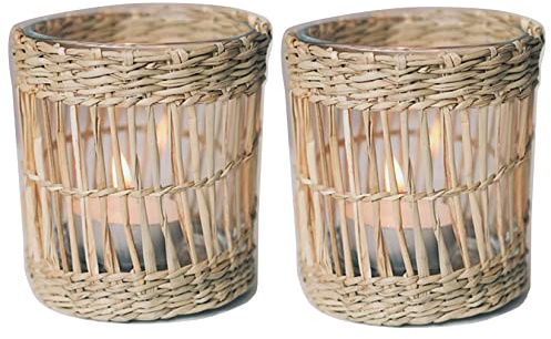 Teelichthalter aus natürlichem Korbgeflecht, dekorativ, handgewebt, Votivkerzenhalter, rustikaler Vintage-Seegras-Glas, Votivkerzenhalter für Esstisch, Küche, Dekoration, 2 Stück