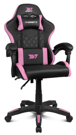 DRIFT GAMING DR35 Professionell stol, konstläder, vadderade armstöd, klass 3 kolv, förstärkt nylonbas, svängstol, justerbar höjd, ländrygg/nackkudde, svart/rosa