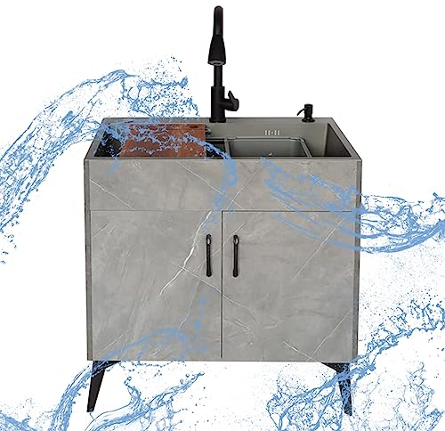 Lavandino da esterno a libera installazione Lavatoio da Esterno Lavello Cucina con Mobile con Rubinetto caldi e fredd con Ripiano di Stoccaggio per Ristoranti Garage Magazzini. ( Color : Pull Faucet ,
