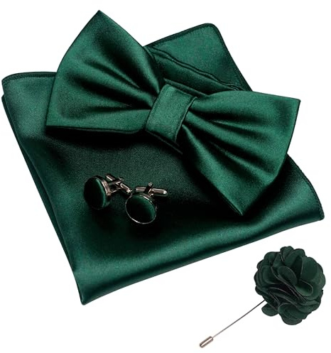 JEMYGINS Dark Green Bow Tie Pre-tied Silk Bowtie and Pocket Square Cufflinks Lapel Pin Sets for Men(30)