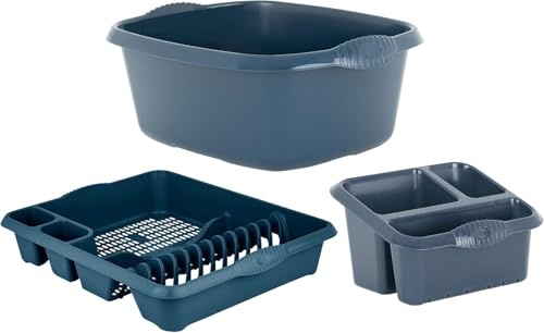 M1SS Plastic Large Kitchen Sink Set of 3 Rectangular Washing Up Bowl, Sink Tidy and Large Dish Drainer (Midnight Navy)