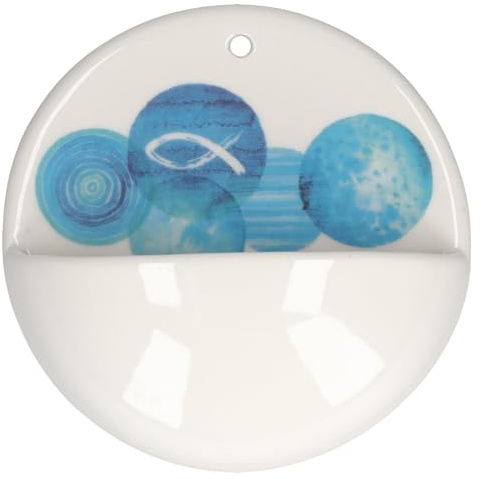 Butzon & Bercker Weihwasserbecken Porzellan – Wand-Weihbecken, Rund, Weiß Glänzend, Ichthys-Motiv Blau, Christliches Geschenk, Geschenkverpackung