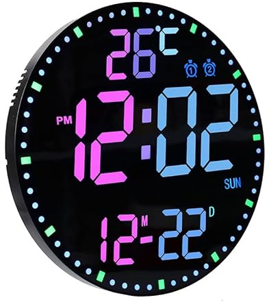 VABOO Horloge Murale numérique de 29,5 cm, Horloge Radio pilotée avec lumière RGB colorée, avec Date/Jour/luminosité Automatique/température/humiditétemp/minuterie/2 alarmes